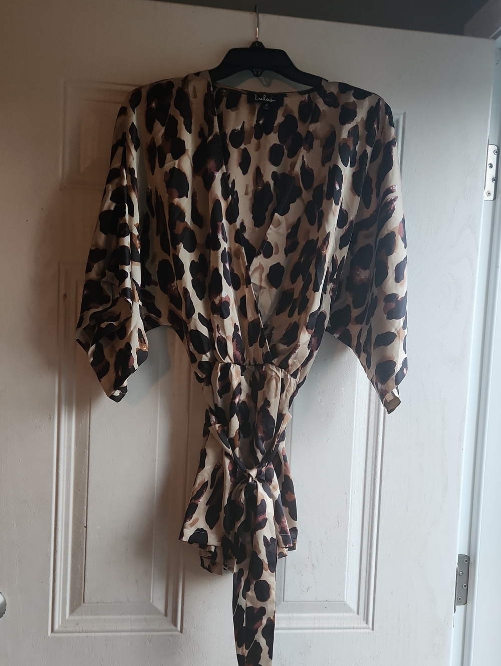 Lulu's Cream Leopard Wrap Blouse with Brown & Black Spots